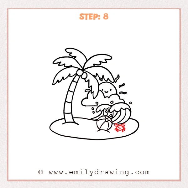 how to draw a cartoon beach - A cartoon beach scene with a palm tree, waves, beach ball, and a tiny smiling crab added on the lower-right sand.